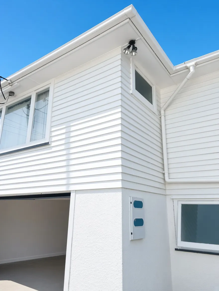 The same corner after new weatherboards and paint