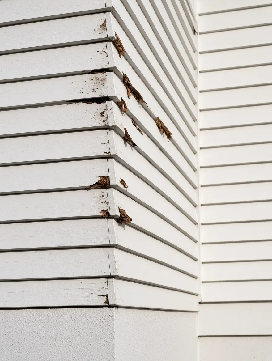 Rotten weatherboards at the corner of a house before repair